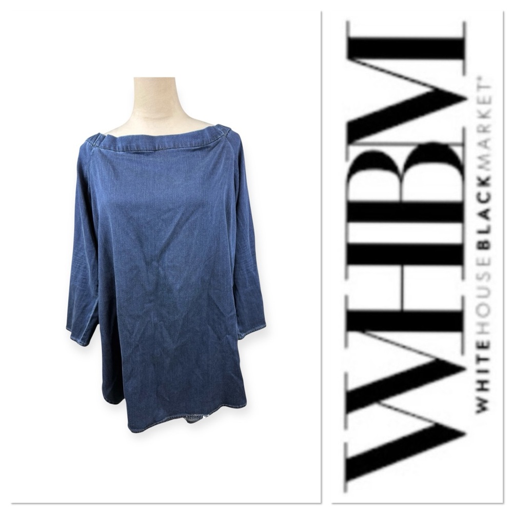 White House Black denim blue off the shoulder top with tie sleeves size large